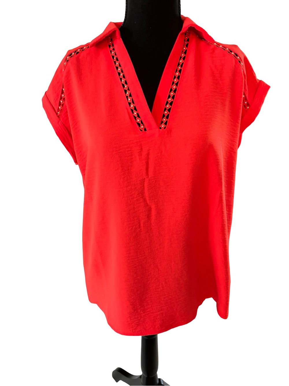 Bright Red V-Neck Women's Blouse with Cutout Trim